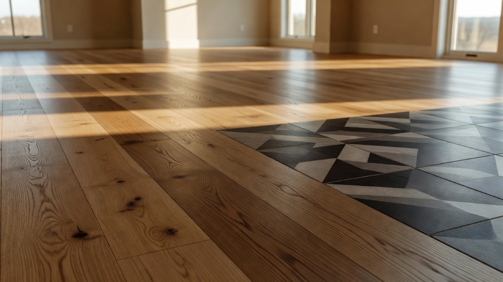 Freshly installed wide-plank oak floor meeting tile in warm afternoon light
