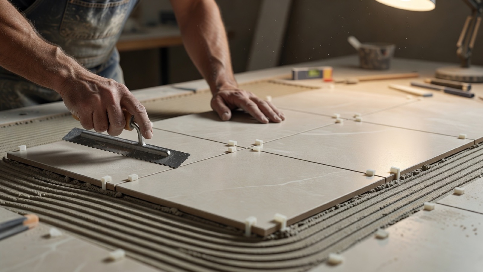 Professional tile installer setting large-format porcelain tile with even grout lines