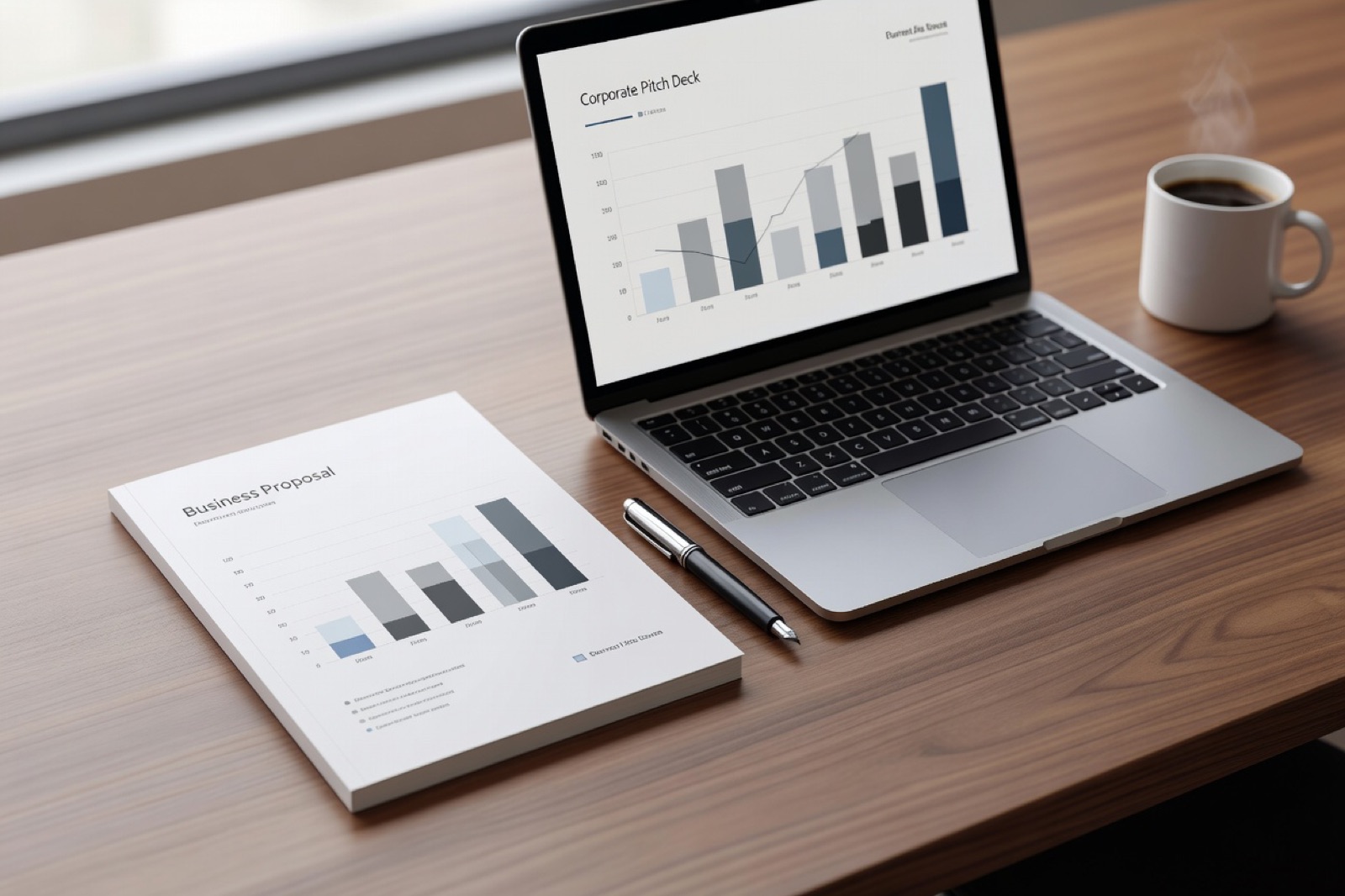 A printed business proposal next to a laptop showing a generated pitch deck
