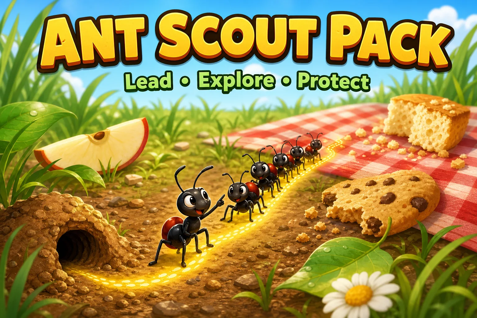 Ant Scout Pack title art with ants marching through a picnic garden
