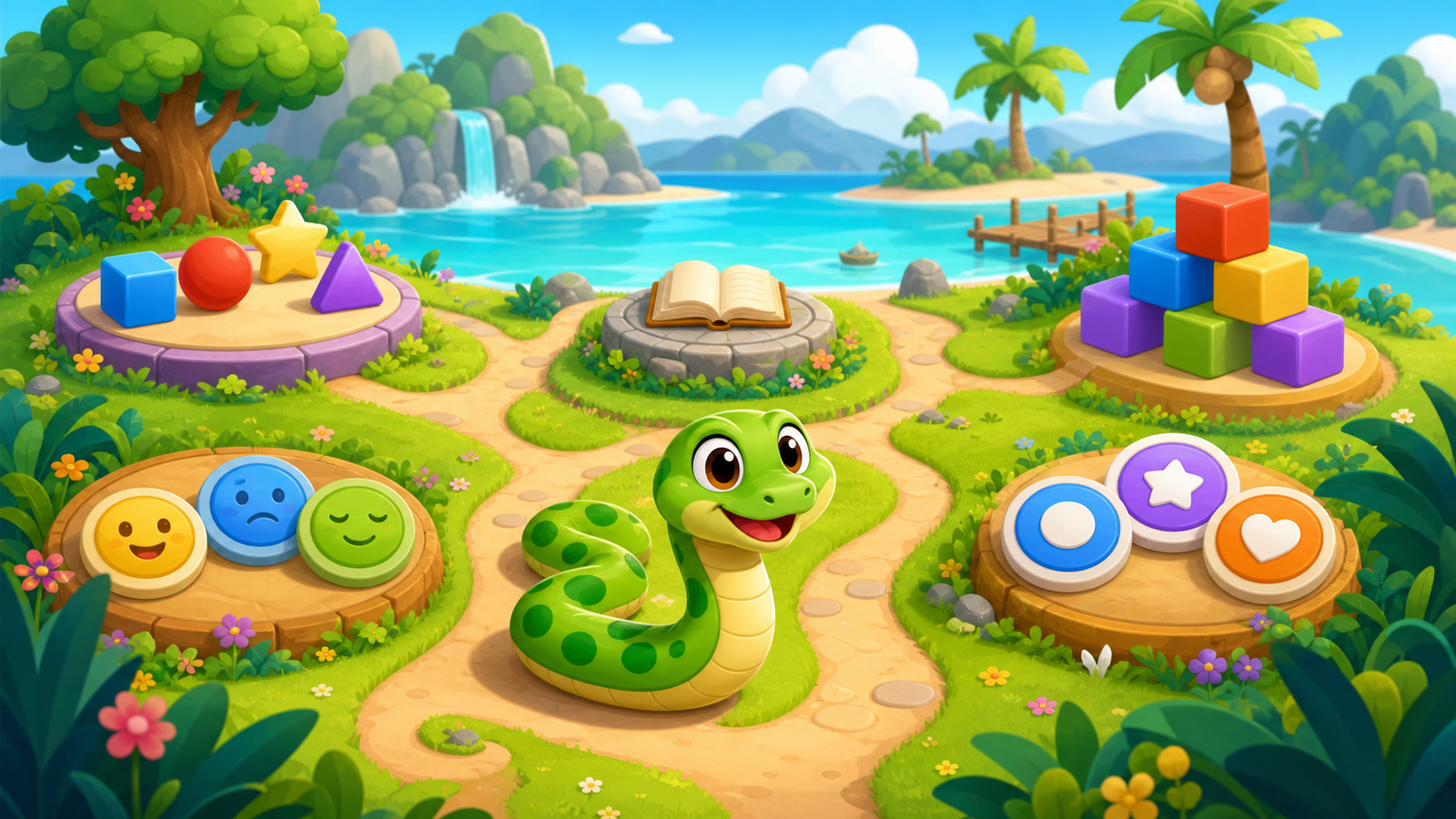 Slither Scholars friendly snake on a colorful learning map