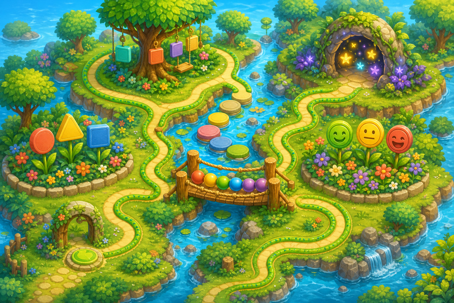 A colorful island adventure map with a winding snake path through learning places.