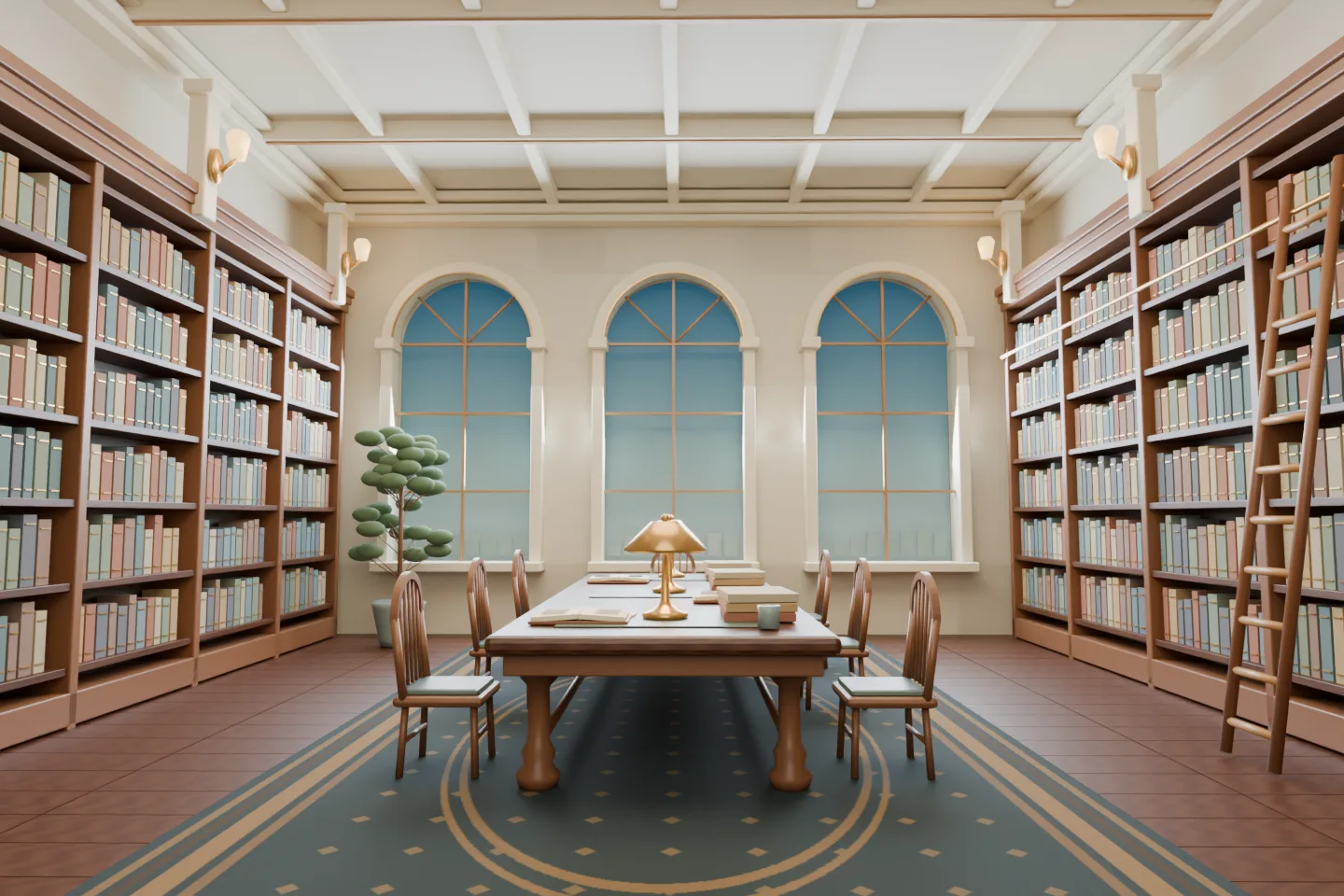A warm library interior with arched windows, tall bookshelves, and brass lamps along a walnut reading table.