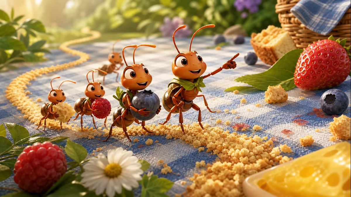 Ant Scout Pack ants carrying snacks across a picnic trail
