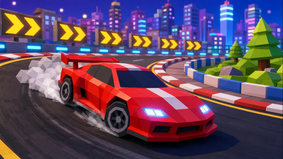 Apex Drift neon race car drifting through a city track