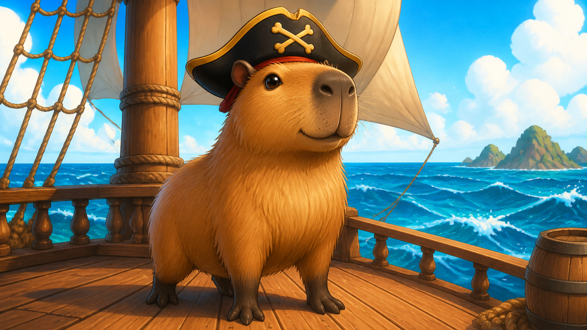 Capybara Pirates cheerful capybara captain on a pirate ship deck