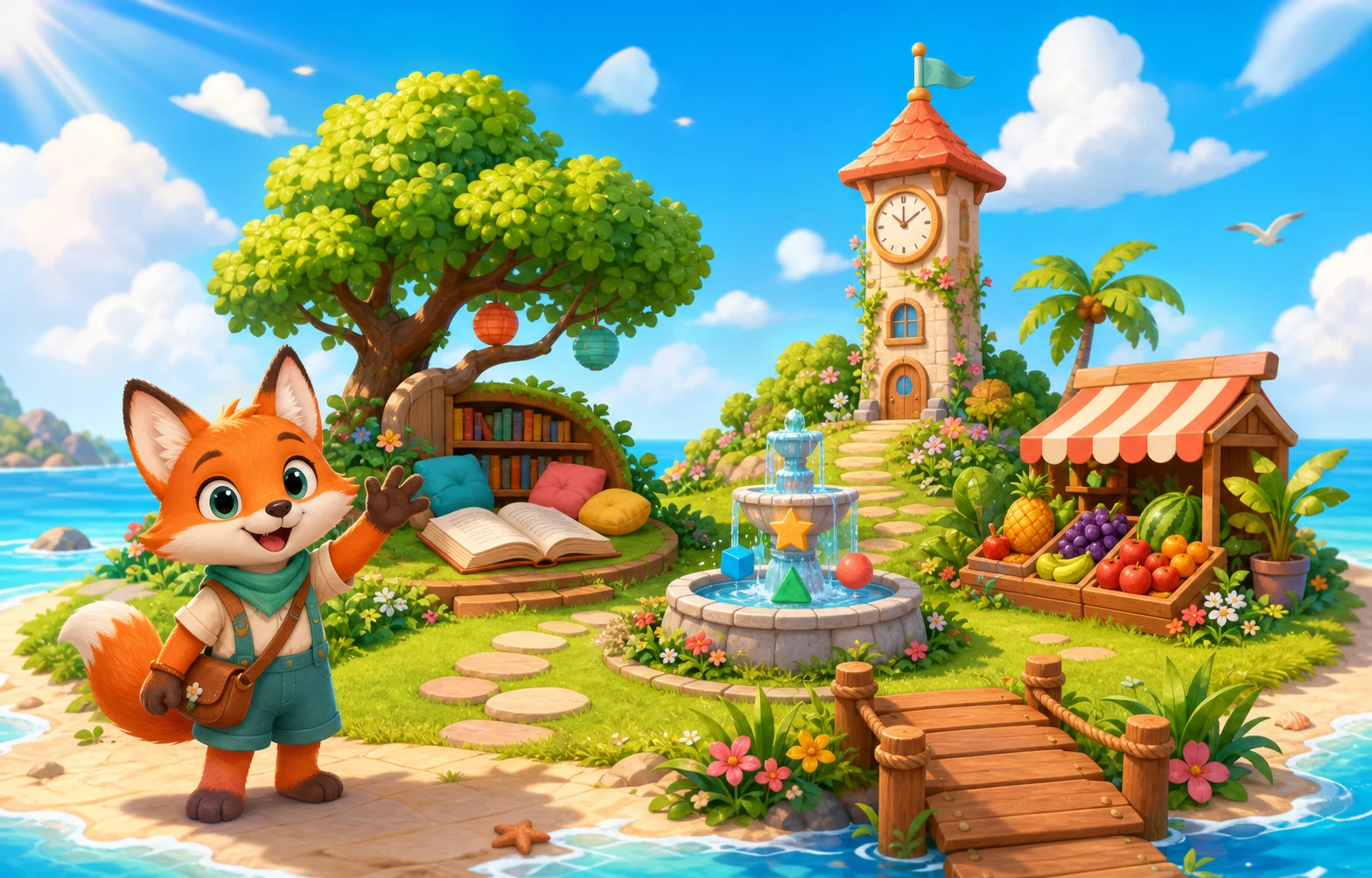 Chloe's Summer Quests island with Pip the fox, reading garden, math fountain, clock tower, and fruit market