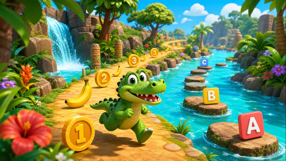 Croc Runner friendly crocodile collecting letters and coins