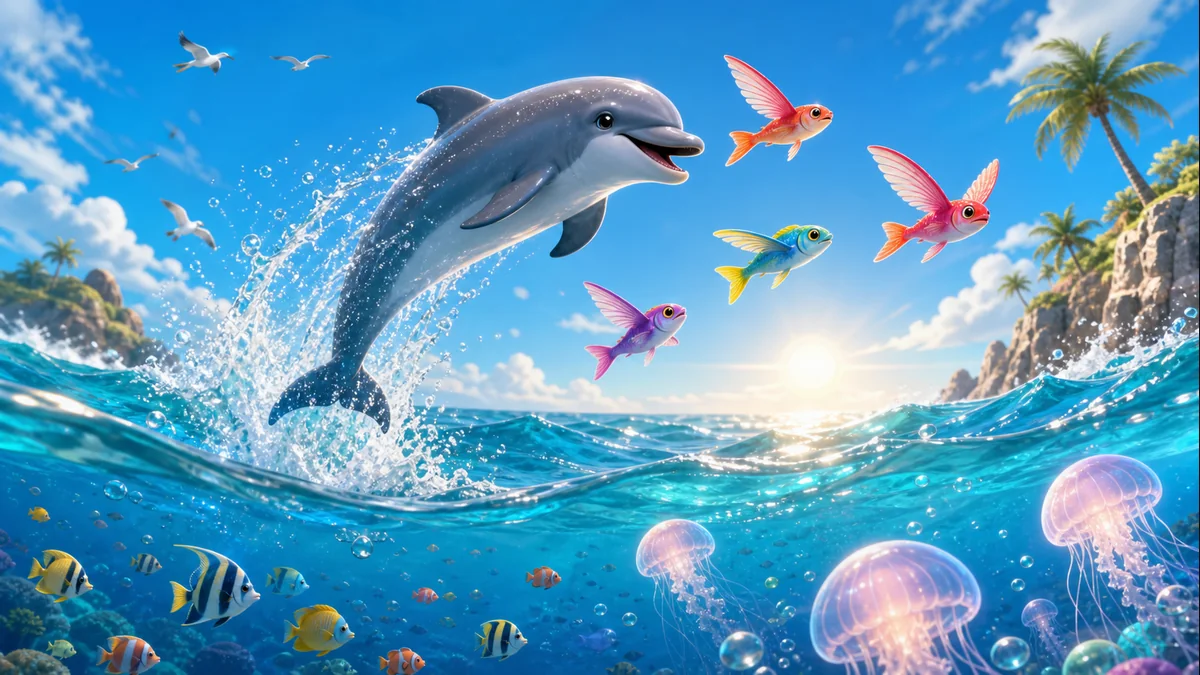 Dolphin Splash dolphin leaping through tropical ocean waves