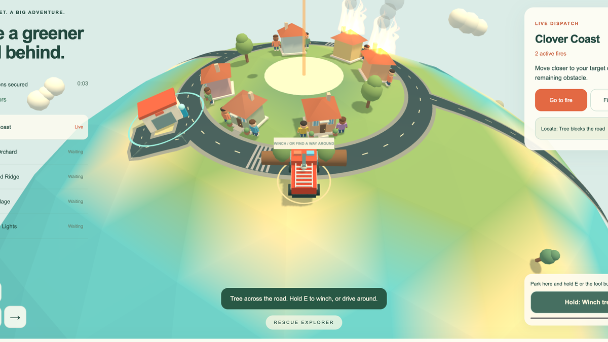 Ember Atlas fire truck parked by a fallen tree on a tiny green planet with houses on fire