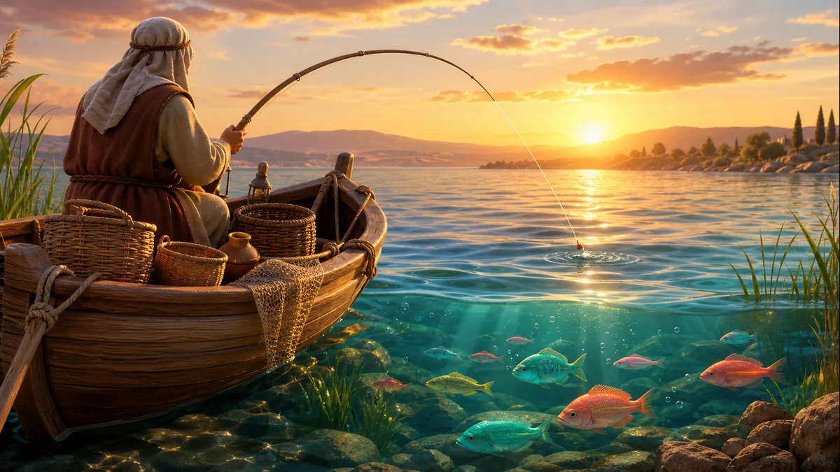 Fishers of Galilee boat casting a line at sunset
