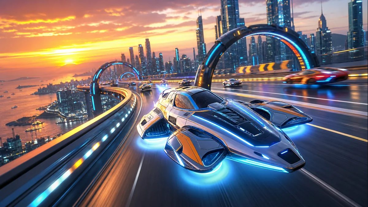 Hovercruise futuristic hovercraft racing on a glowing track