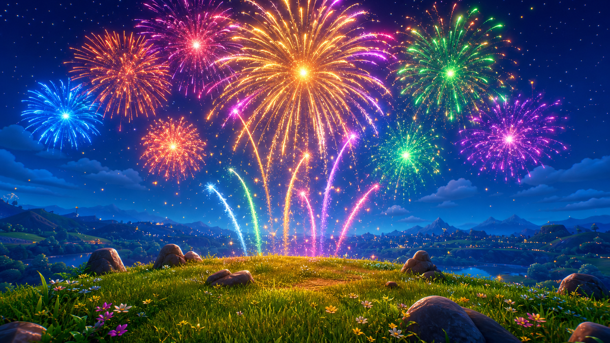 Magic Fireworks colorful fireworks bursting over a grassy hill at night