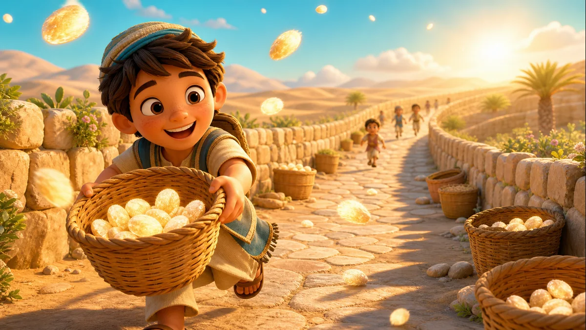 Manna Corridor Dash basket catching glowing manna on a desert path