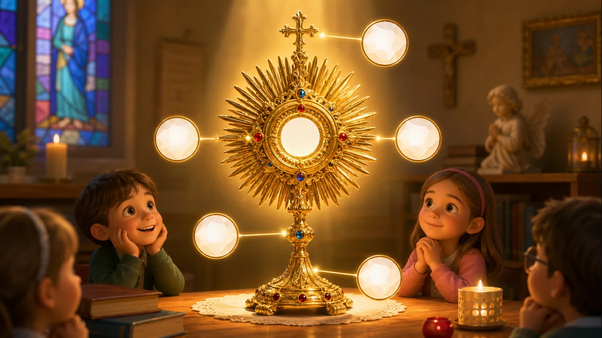 Gold monstrance glowing in a warm church classroom