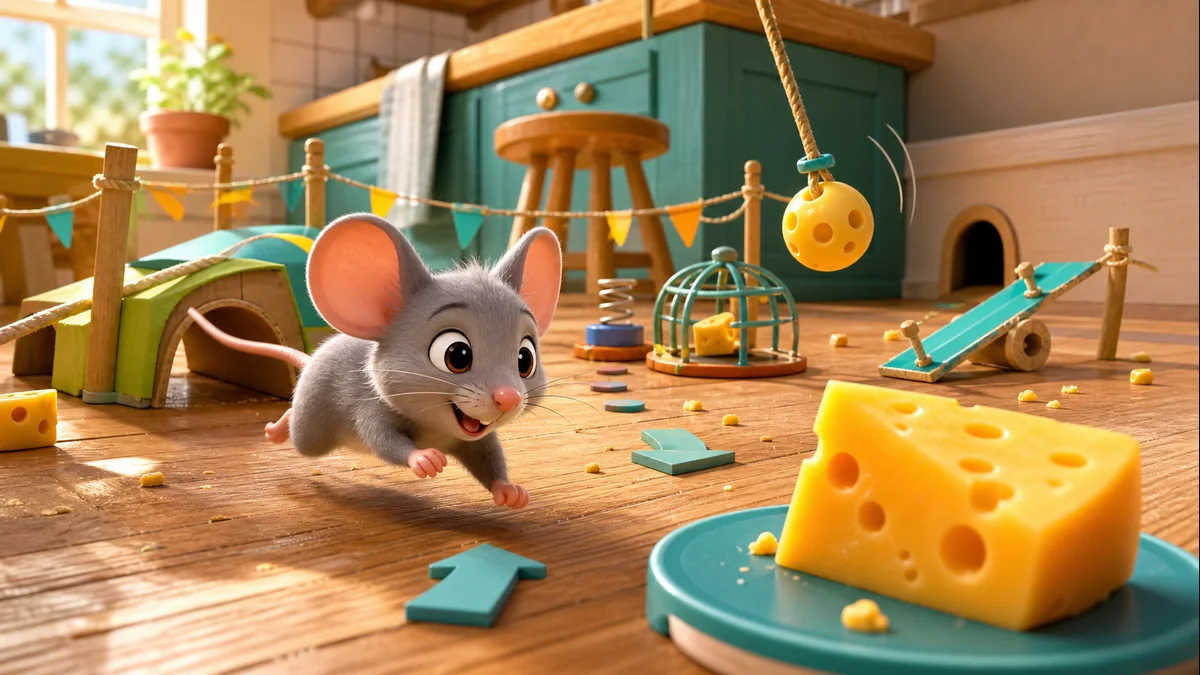 Mouse Trap cute mouse racing toward cheese in a kitchen