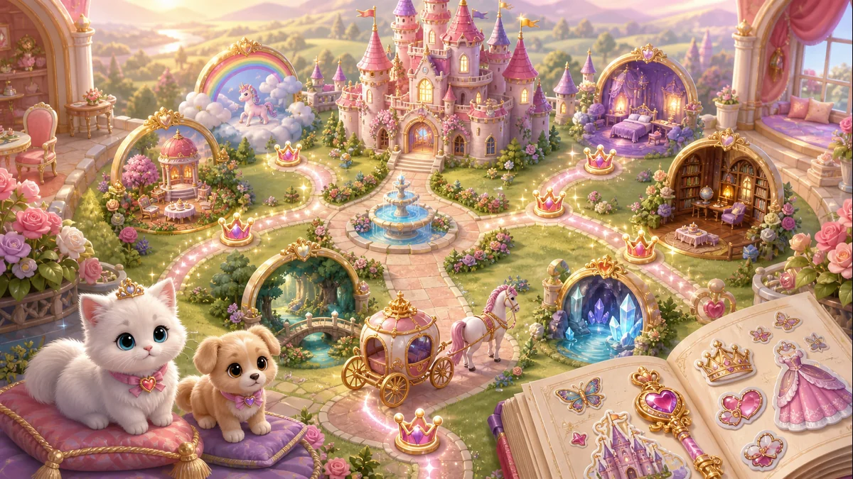 Princess Castle magical kingdom map with pets and storybook rooms