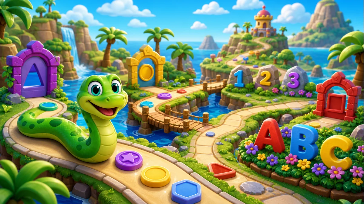 Slither Scholars friendly snake on a colorful learning map