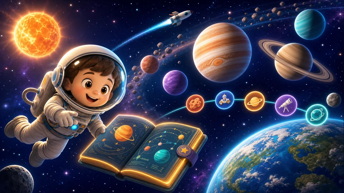 Space Explorer astronaut floating through colorful planets