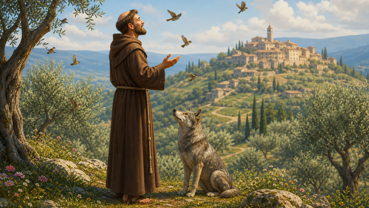 The Good Man of Assisi St. Francis with birds and a wolf on an Italian hillside