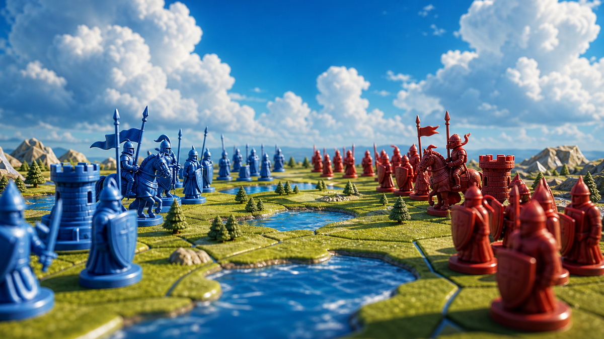 Stratego 3D blue and red armies facing off across a grassy board with lakes