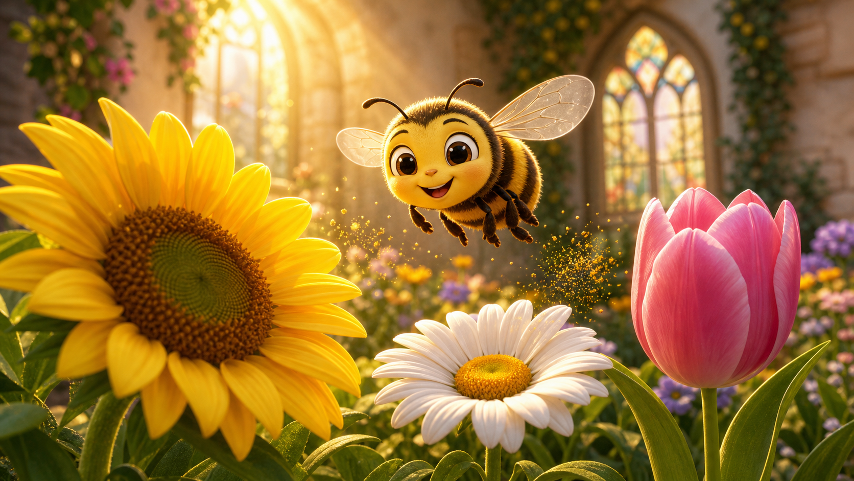 Friendly bees in a bright flower garden