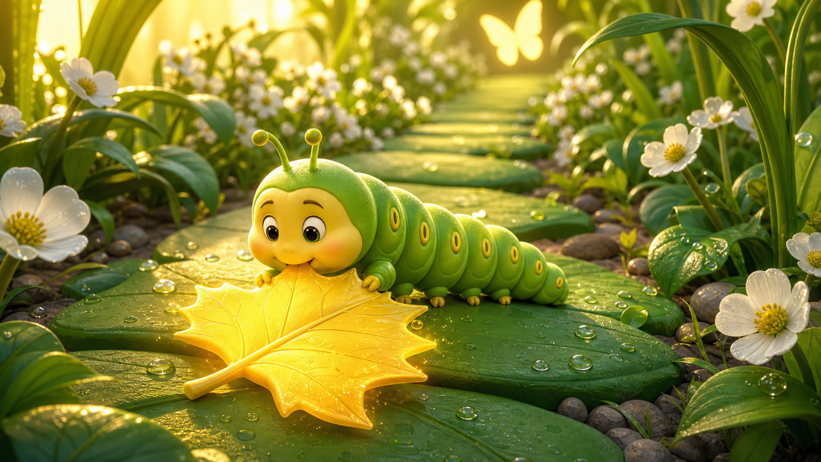 A friendly caterpillar nibbling a glowing leaf