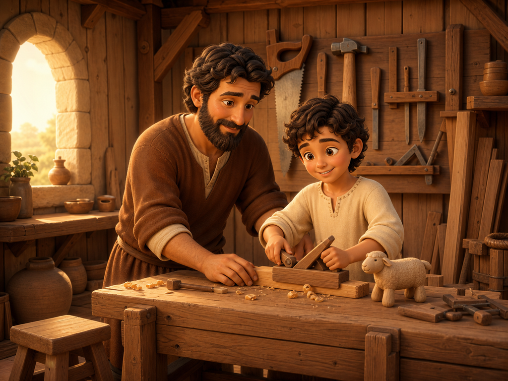 St. Joseph and young Jesus working together in a Nazareth workshop