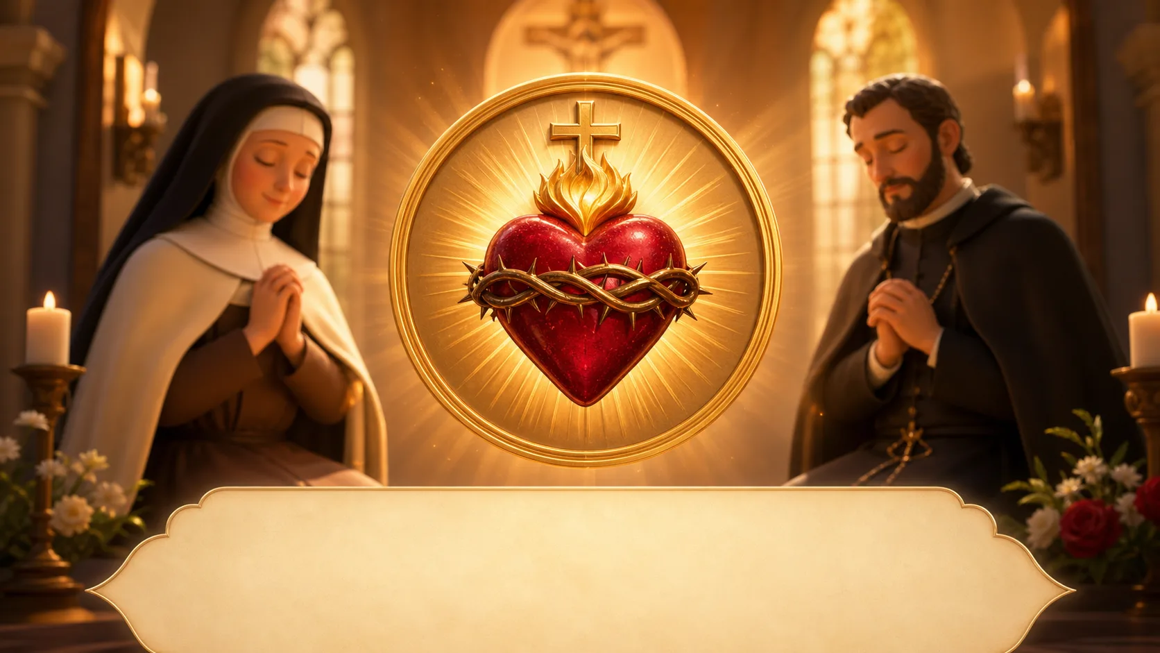 Sacred Heart medallion glowing in a warm chapel