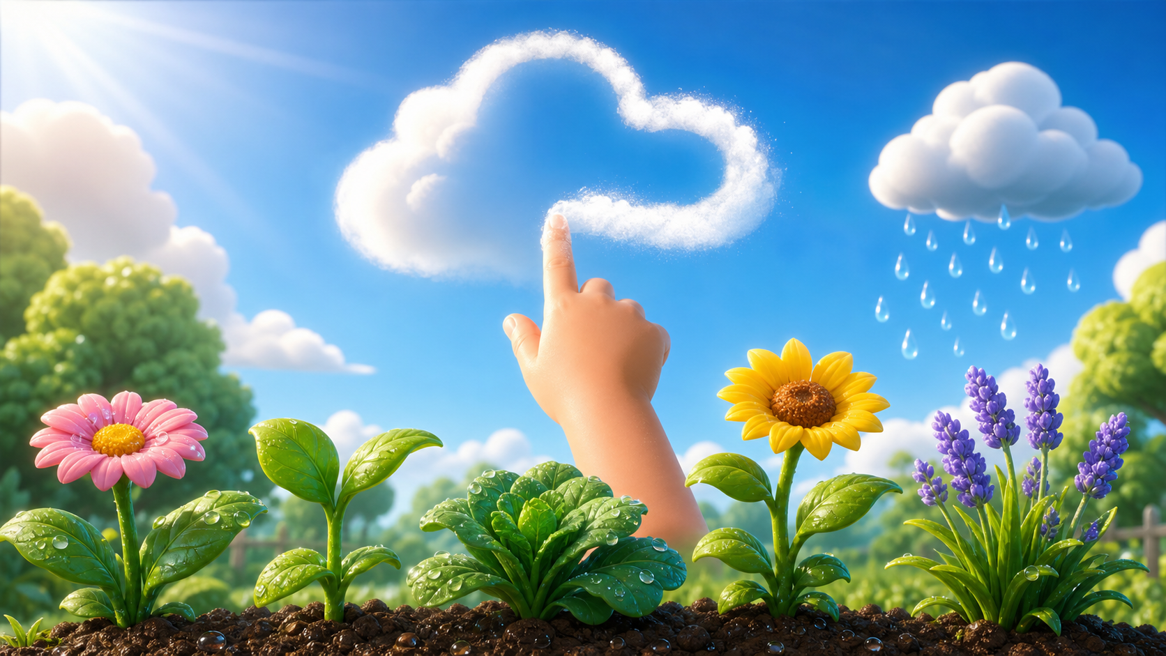 A hand paints fluffy clouds above a bright garden