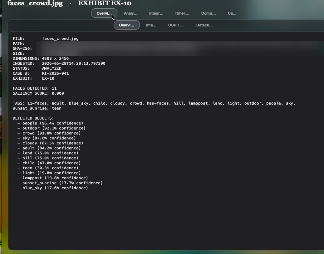 On-device analysis output listing detected objects and tags with confidence scores