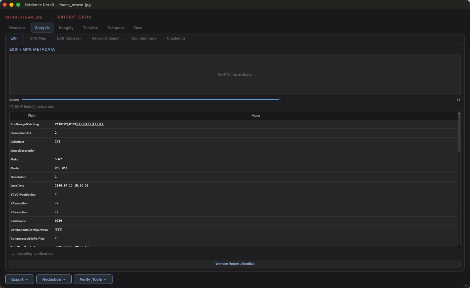 Full EXIF metadata extraction table