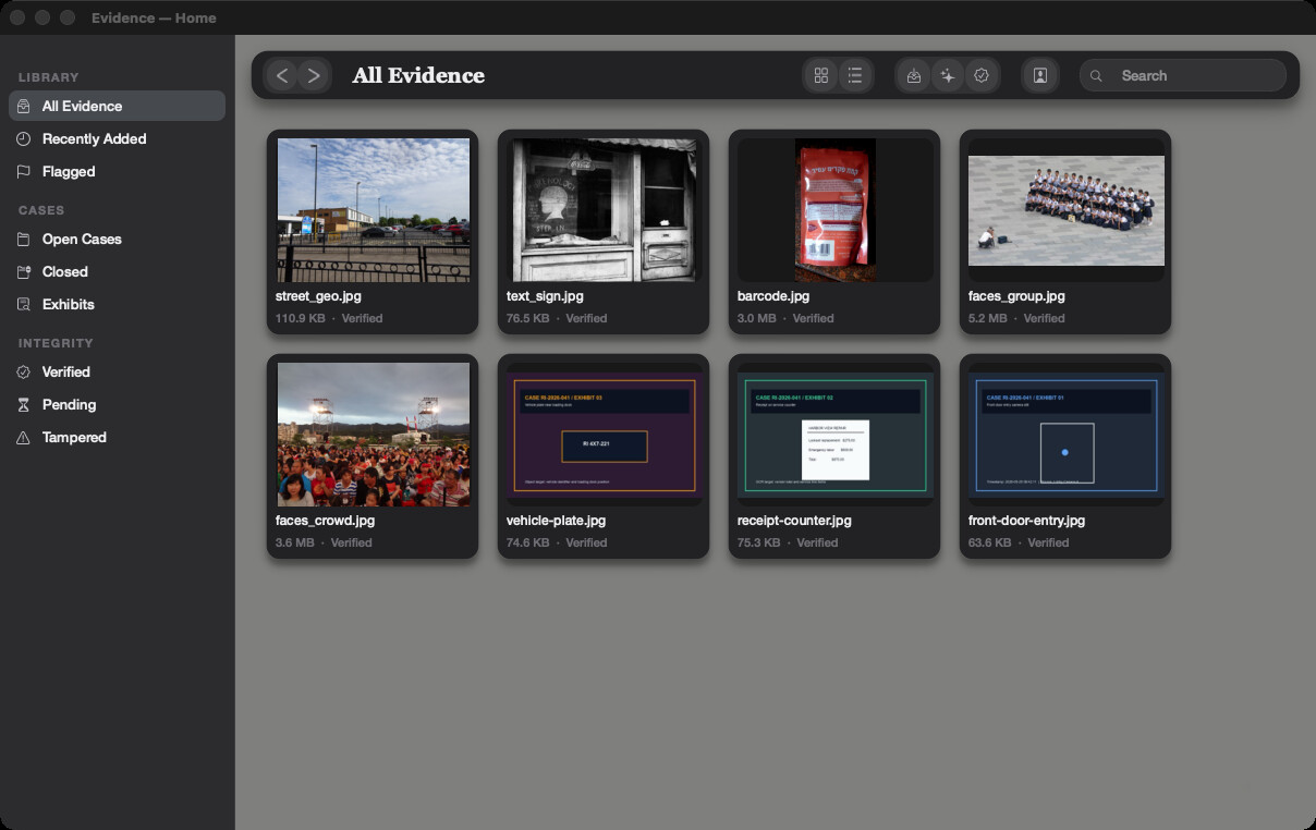 Evidence AI gallery with exhibits hashed at intake