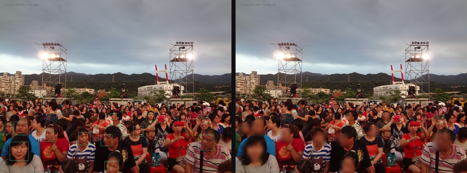 Faces detected and then redacted side by side