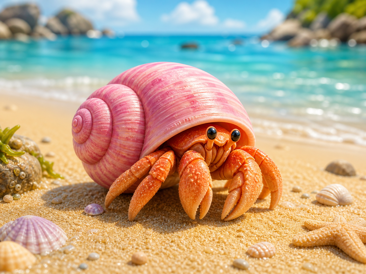 Friendly hermit crab on a calm beach
