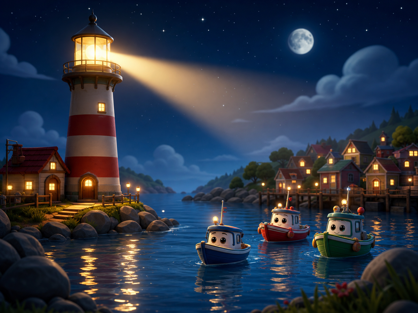 Warm lighthouse beam over a calm sea