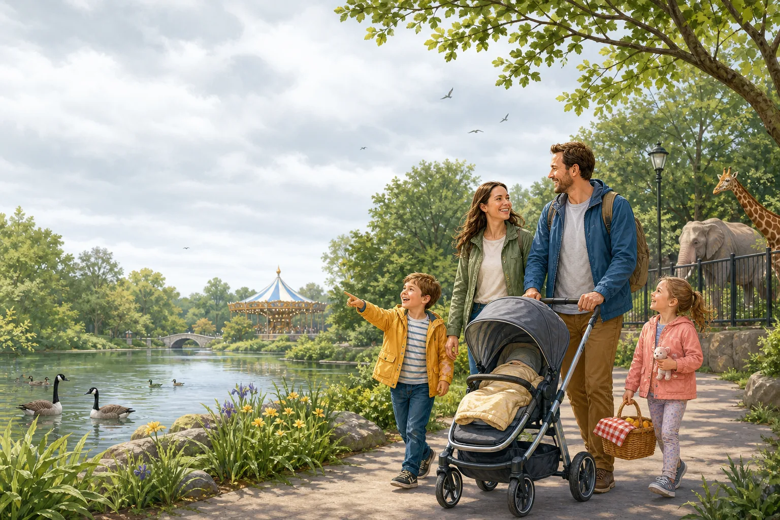 Illustration of a family enjoying a cloudy Saturday morning in a Rhode Island park