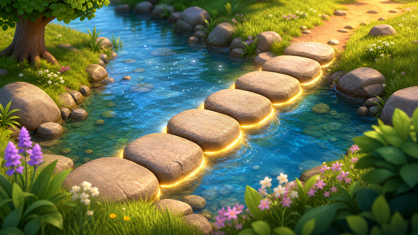 Rounded stones forming a bridge across a shallow stream