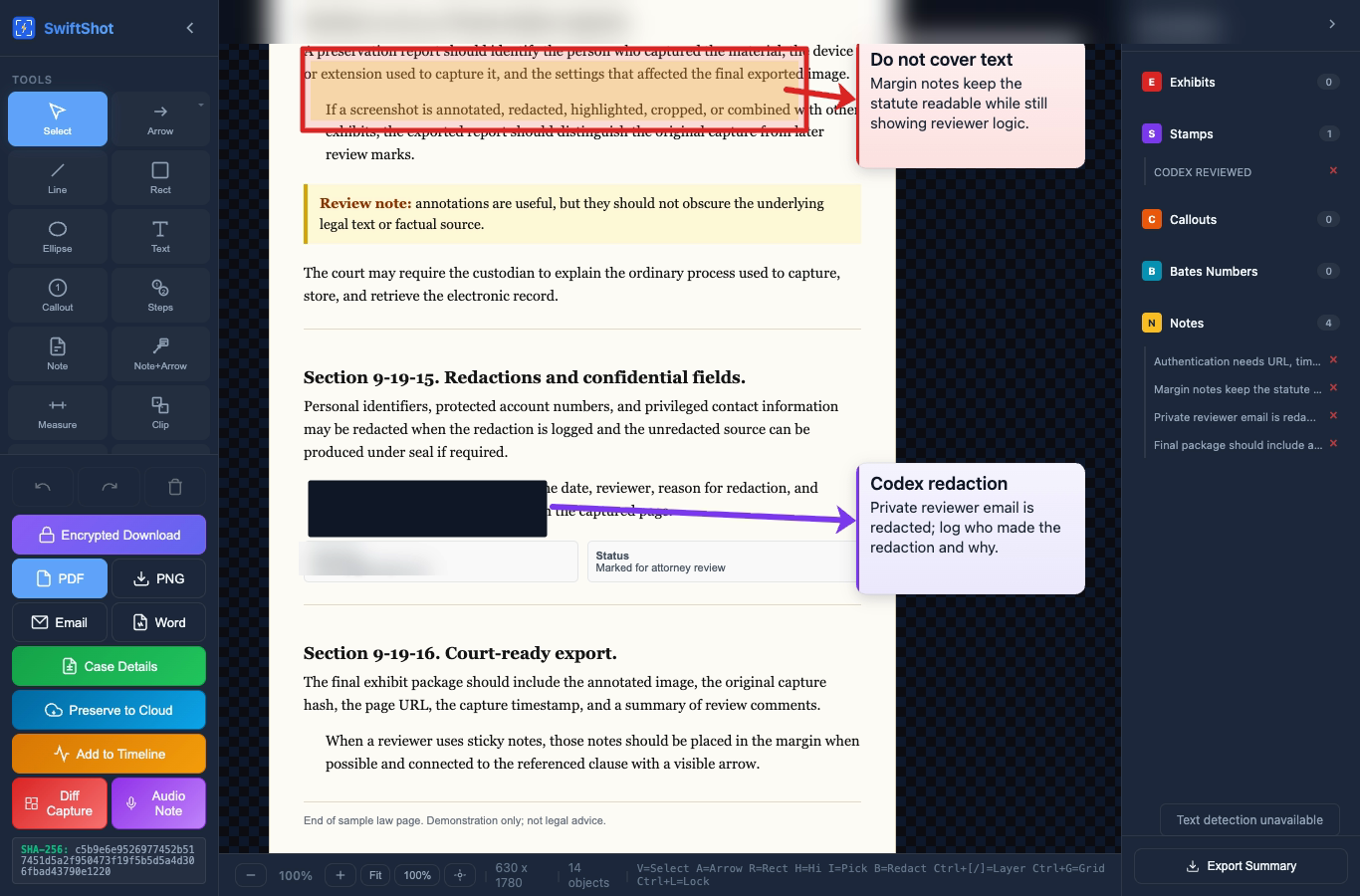 The SwiftShot editor showing a sample law page with highlights, margin notes, and a redaction
