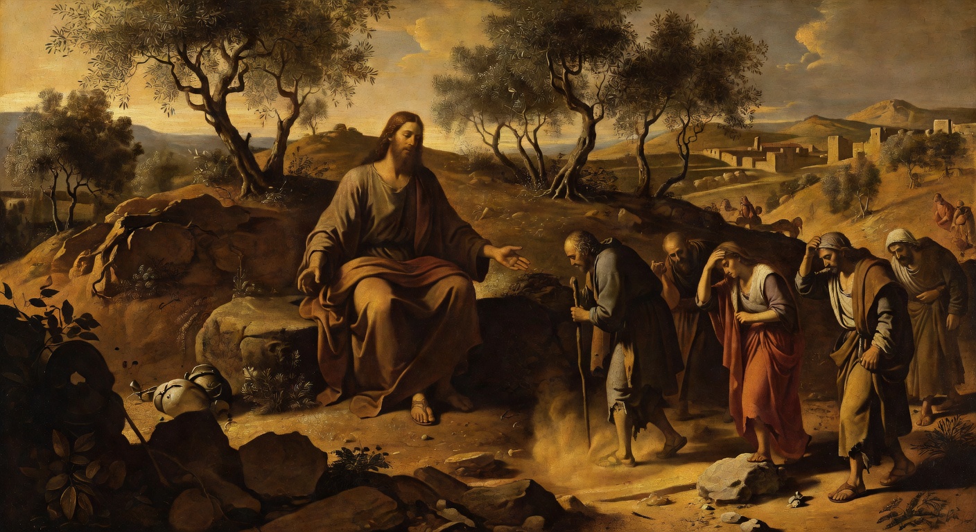 Christ on a hillside, hand extended in invitation