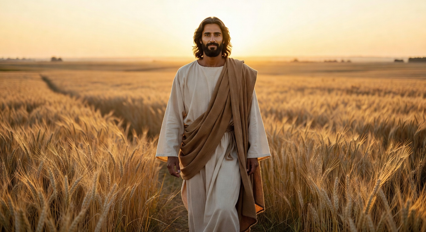 Jesus walking through wheat fields at sunrise