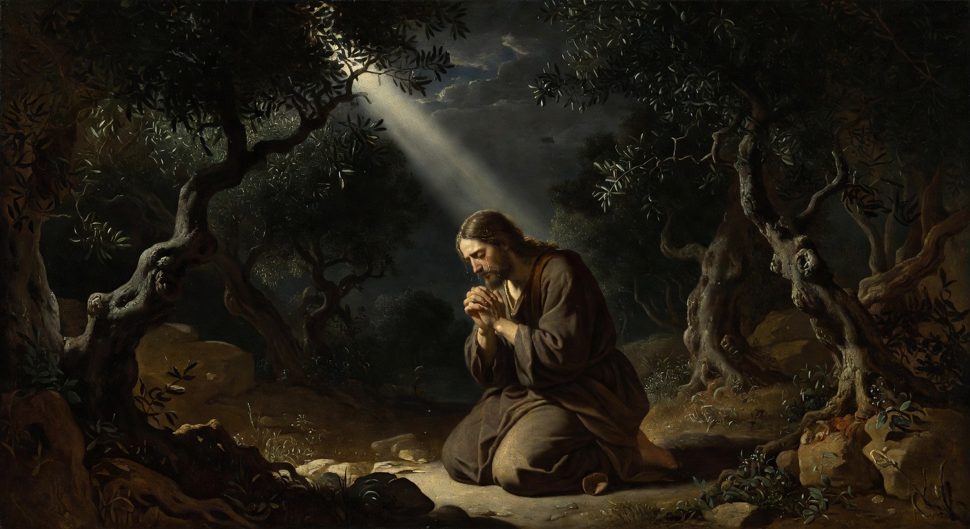 Jesus praying alone in Gethsemane at night